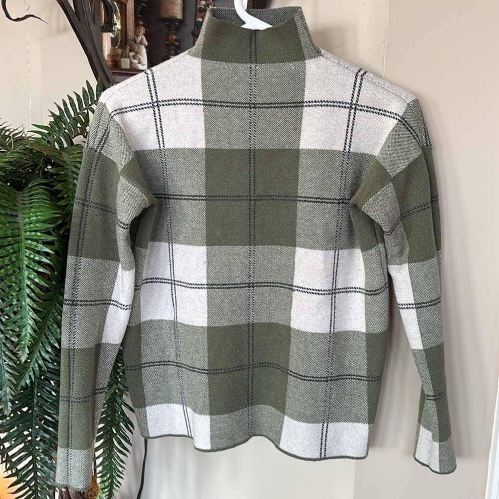 Rachel Zoe Olive Green & White Plaid Cropped Checkered Turtleneck Sweater